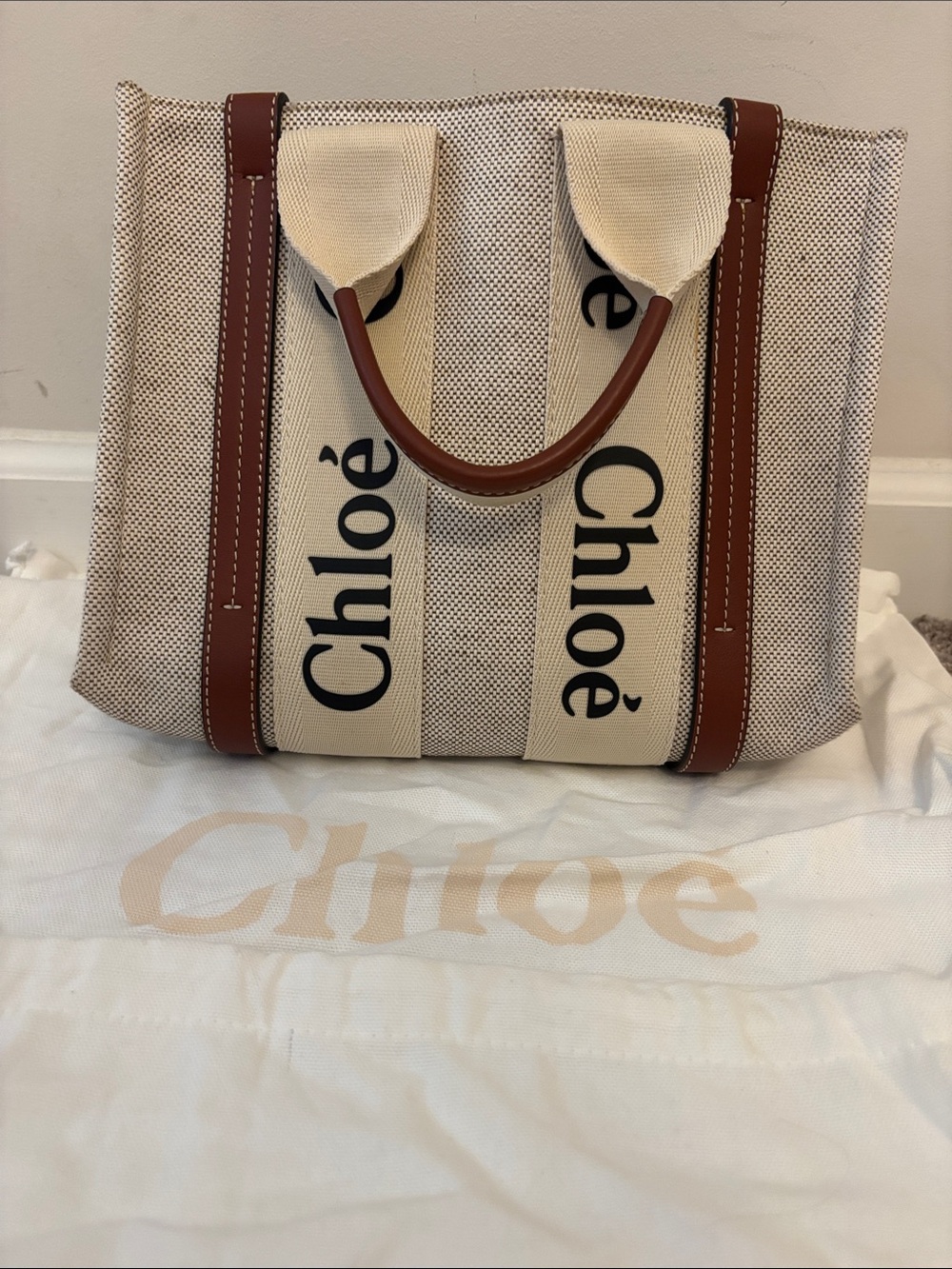 Chloé Beige Canvas Tote with Brown Leather Trim and Cream Logo Straps - Picture 7 of 9